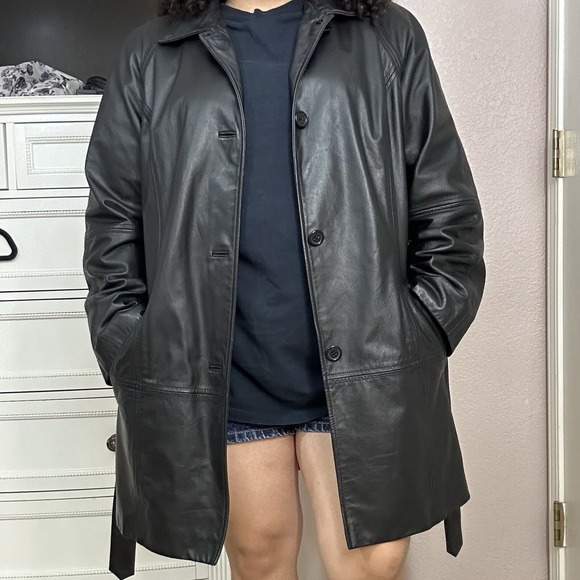 Preston & York Black Genuine Leather Belted Button Up Belt Tie Coat Mid Length L - Picture 11 of 11